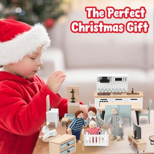 Giant bean 36pcs Wooden Plastic Dollhouse Furniture 5 Set with 4 Family Dolls, Blue Dollhouse Accessories Pretend Play Furniture Toys for Boys Girls & Toddlers 3Y+, Christmas Birthday Gift for Kids