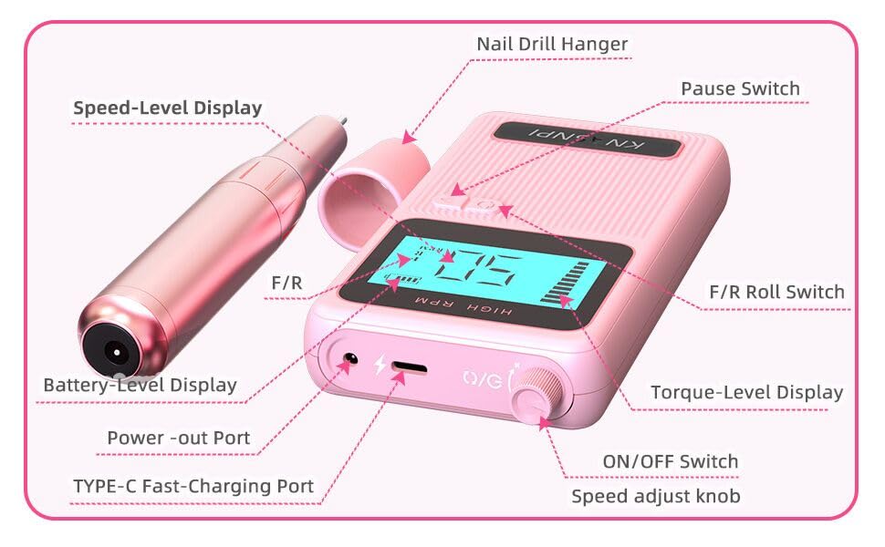 KNASNPI Professional Electric Nail Drill 50000 RPM High Speed with Smart Adjustment, Nail Salon & Home Use Kit, 6 Grinding Heads & Extended Runtime