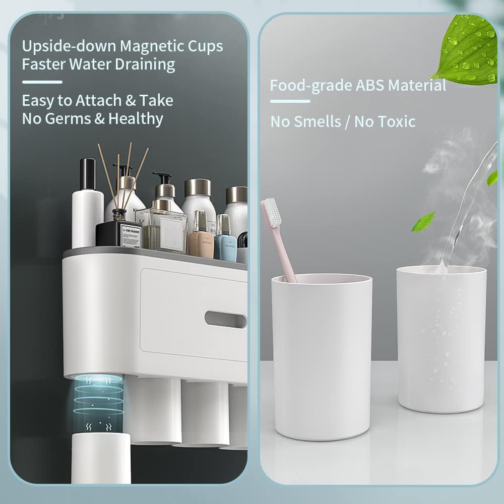 BHeadCat Toothbrush Holder Wall Mounted, Toothbrush Holder for Bathroom with 2 Automatic Toothpaste Dispensers,6 Toothbrush Slots,3 Magnetic Cups,1 Cosmetic Drawer Organizer and 1 Large Storage Tray