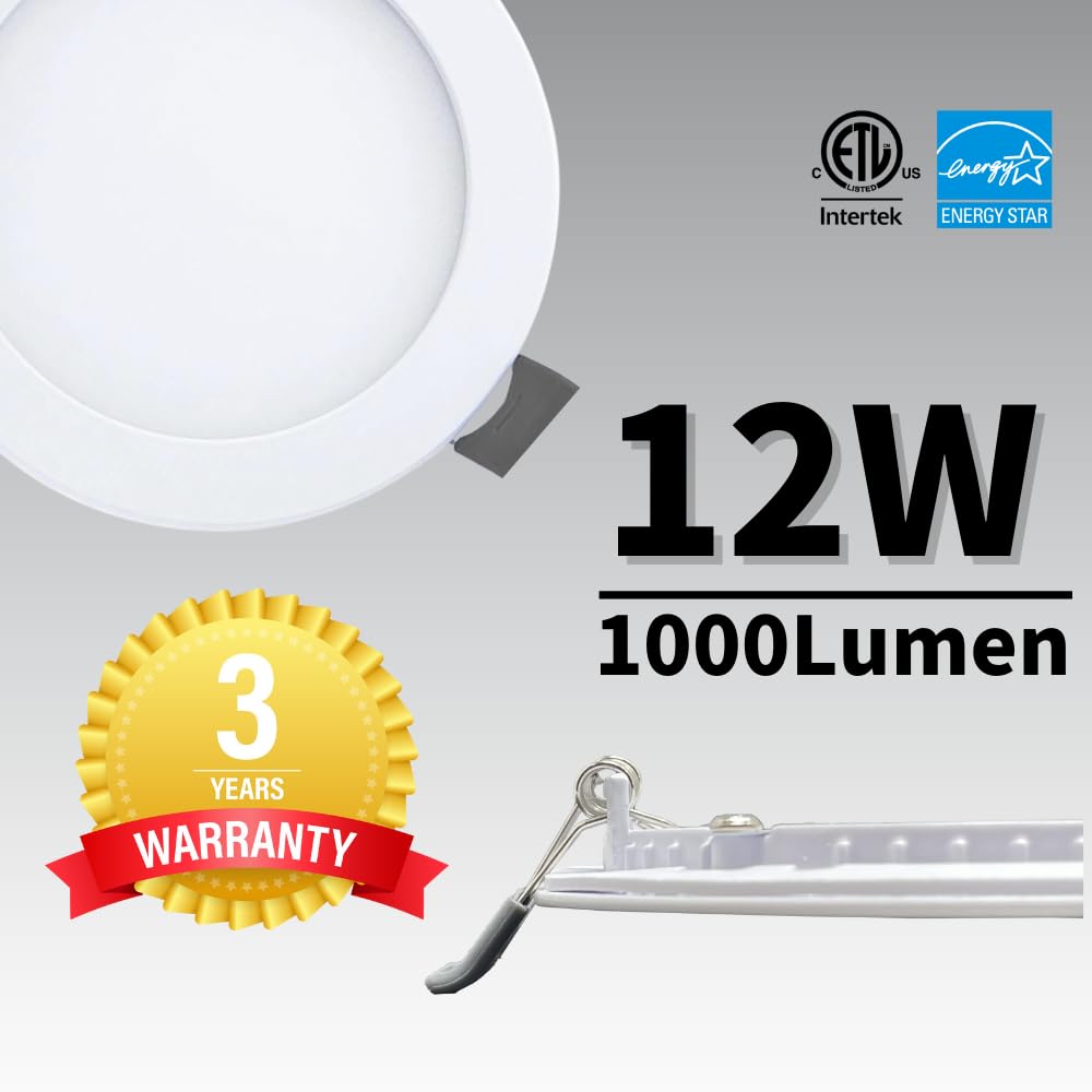 RS 6Inch 5CCT LED Recessed Light, 12W, Up to 1000LM, Dimmable, IC Rated, 2700K-3000K-3500K-4000K-5000K, Adjustable& Rotatable, Energy Star, ETL, Damp Location (6 Inch White Trim, Pack of 6)