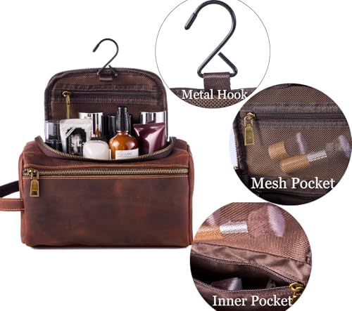 EURYNOME Leather Unisex Toiletry Bag Travel, Genuine Leather Shaving Dopp Kit - Leather Mens Toiletry Bag With Hook -Leather Makeup Cosmetic Organizer Kit - Men Travel Toiletries Bag Groomsmen Gift,