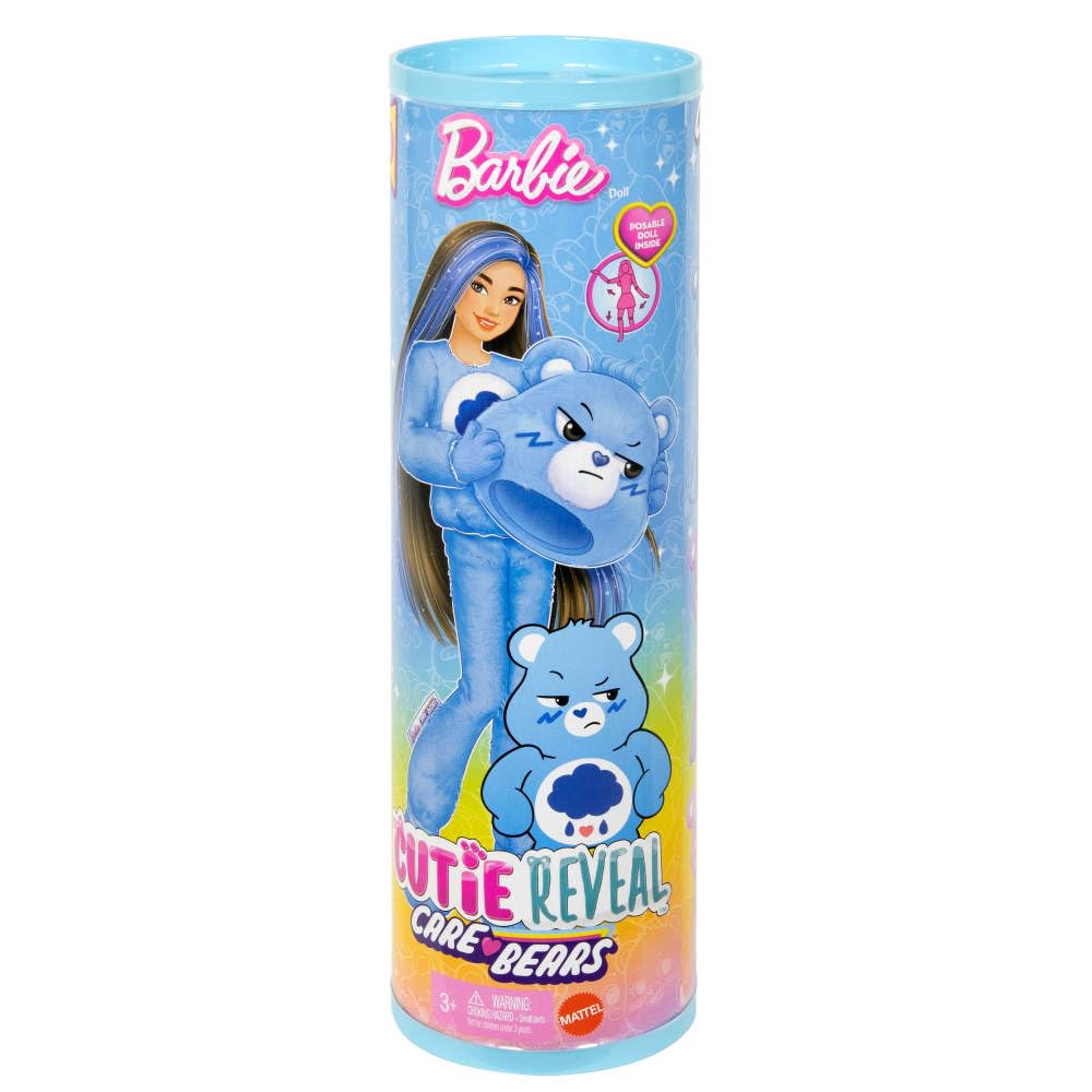 Barbie Cutie Reveal Care Bears Series Doll & Accessories Set with Grumpy Bear Plush Costume & 10 Surprises Including Color Change & Mini Bear