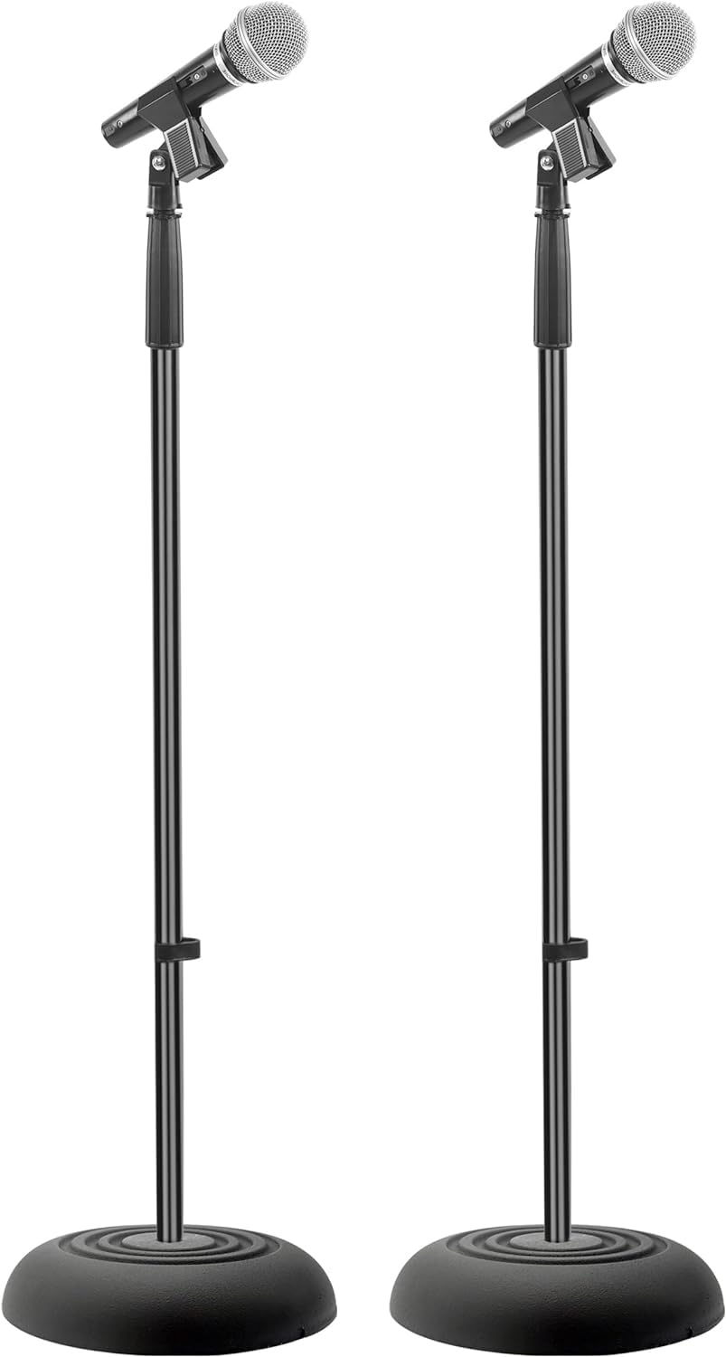 Pyle Microphone Stand- 2.8’ to 5’ Mic Stand, Height Adjustable Boom Stand, Universal Compatibility Microphone Holder, Very Sturdy Compact Metal Base Mic Support- Great for Performances, Studio- 2 Pack