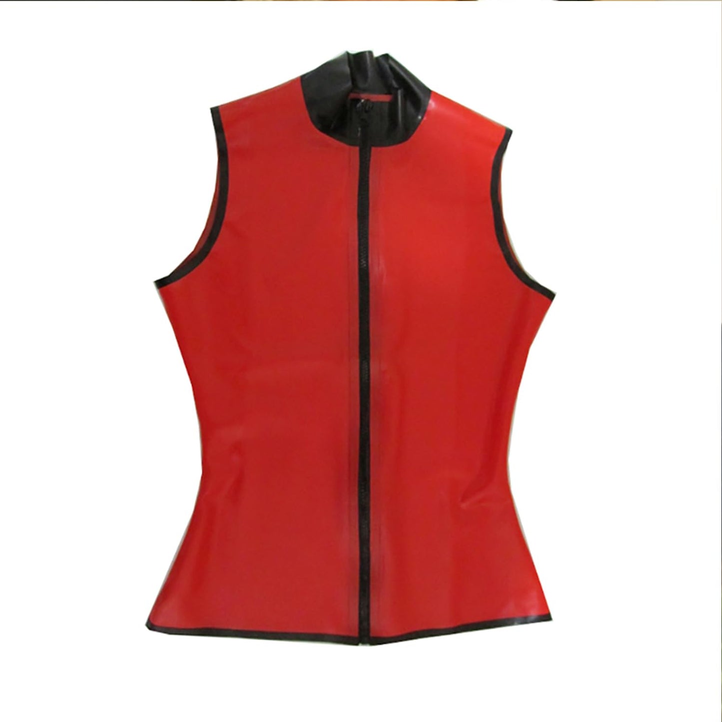 Women's Red Sleeveless Latex T-Shirt with Front Zipper,Shaping Casual Latex Tank Tops,for Novelty Club Wear, Red, XX-Large