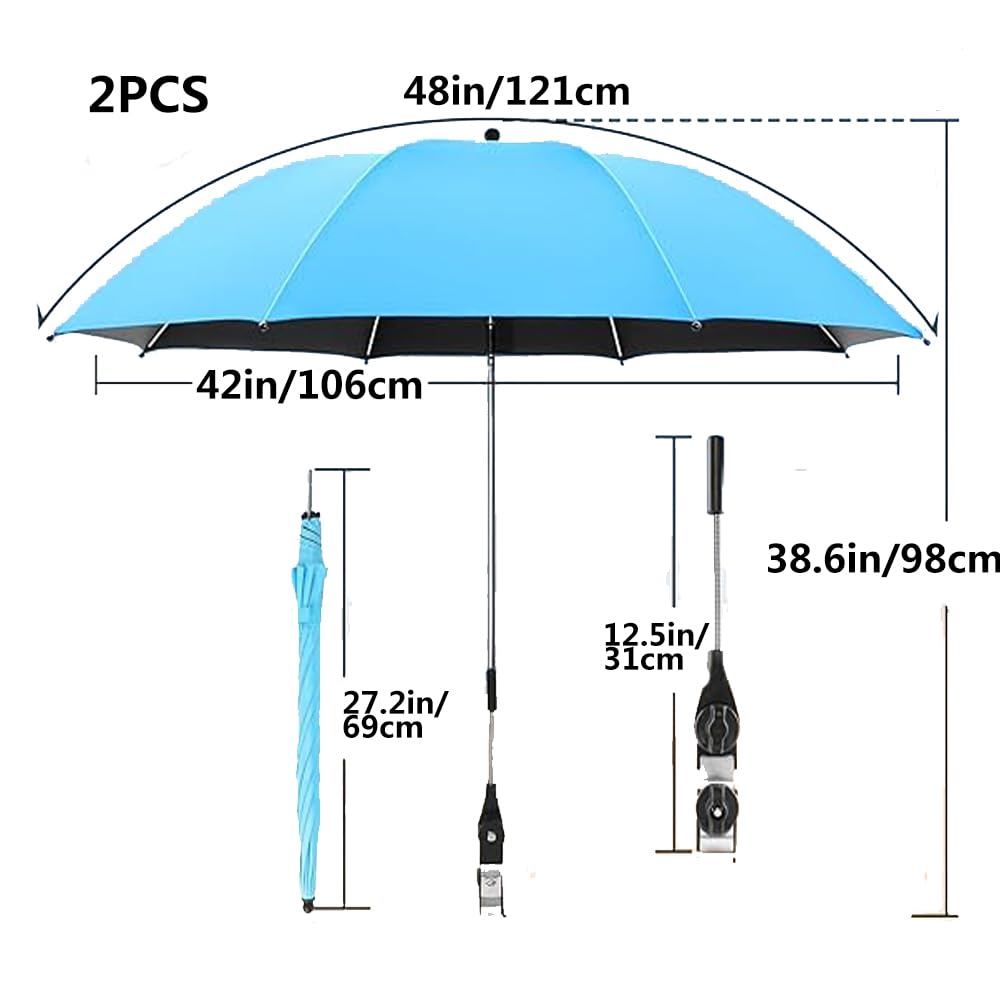 2 Pcs 42" Chair Umbrella With Clamp Universal Beach Umbrella Parasol Portatif Clamp 360°Adjustable Umbrella Beach For Beach On Umbrella Suitable Patio Beach Chairs Golf Carts Wheelchairs Carts