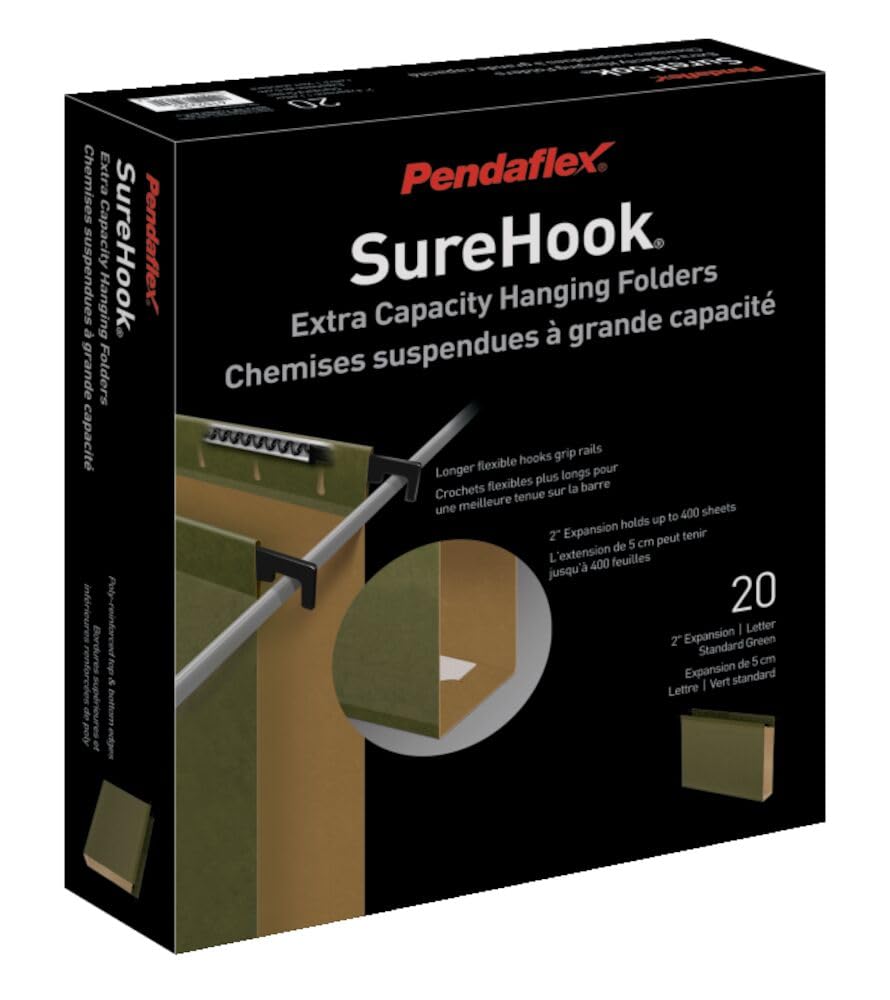 Pendaflex Hanging File Folders, SureHook Reinforced Extra Capacity, Legal Size, Standard Green, 2" Expansion, Durable Plastic-Laminate Strips, Pressboard Insert, Easy Access Dispensing Box, 20/Box