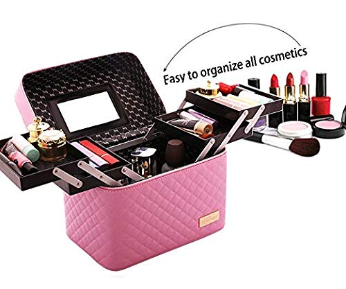 M-Aimee Multifunction Travel Cosmetic Bag with Mirror Portable Train Makeup Case 4 Foldable Makeup Tray for Cosmetics Makeup Brushes Toiletry Jewelry Digital accessories (Pink)