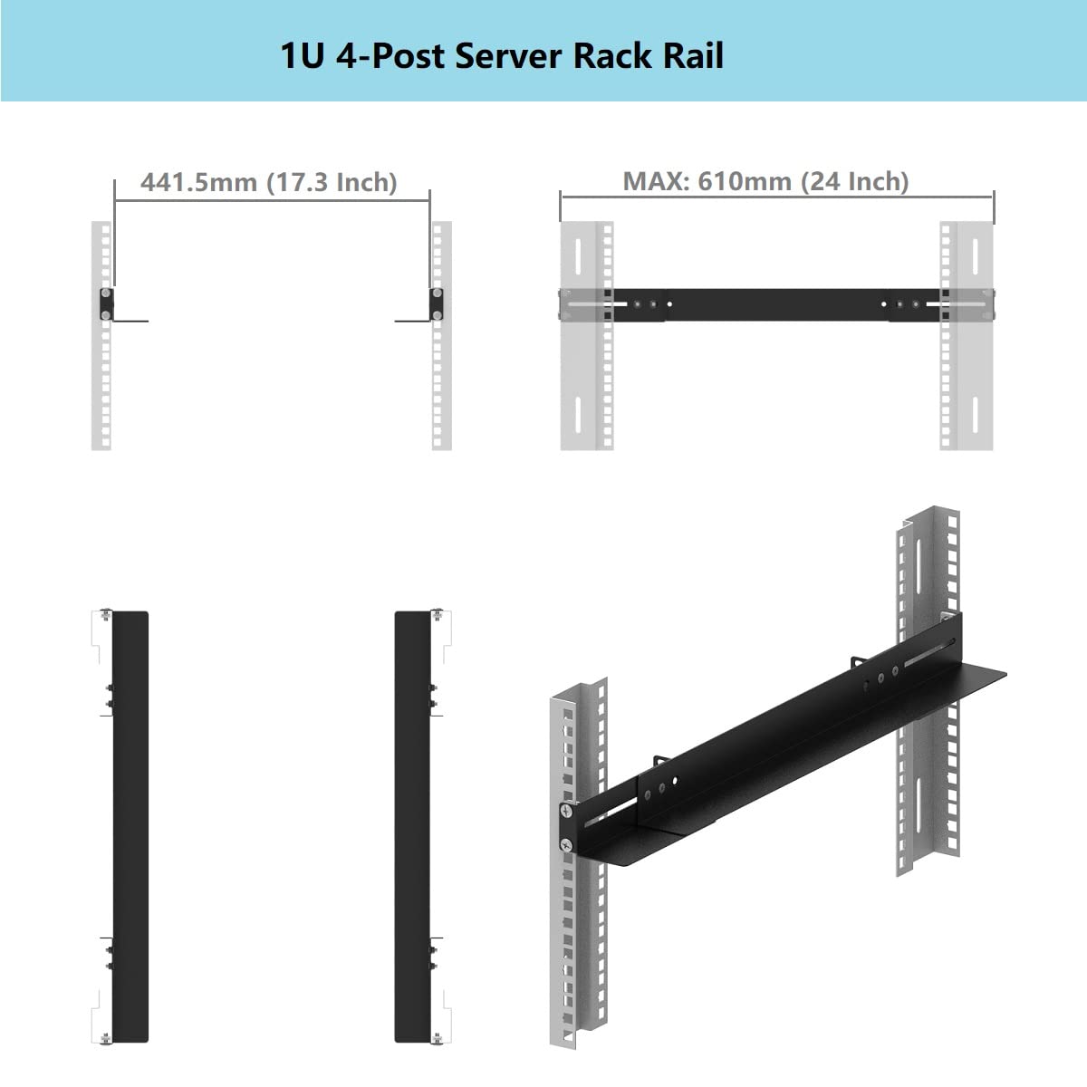 JINGCHENGMEI 1U 19inch Server Rack Rails -15-24 inch Adjustable Depth for Universal 4-Post or 2-Post Rack Mount Rails for Network Equipment, Server, UPS Mounting Rail Kit (1URR15-24IN)