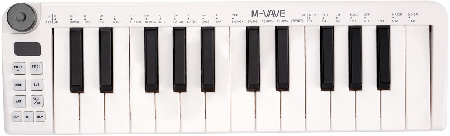 M-VAVE 25 key mini keyboard, MIDI keyboard, professional Beat Maker and Keytar for music production, built-in battery, wireless connection, White, mini without