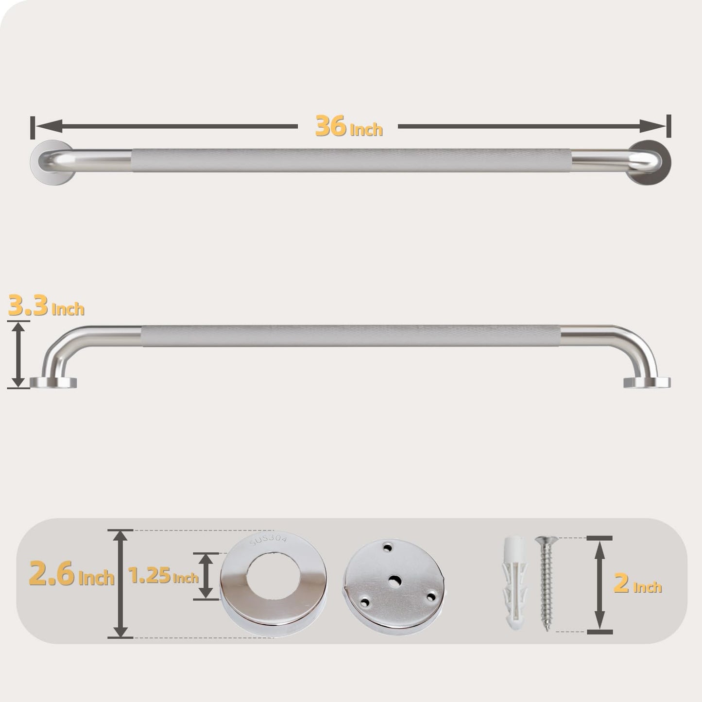 36 Inch Shower Grab Bar, Bathroom Grab Bar Handle with Anti-Slip Knurled Grip, Stainless Steel Bath Balance Bar, 1.25" Diameter Bath Safety Bar Support for Seniors Elderly Pregnant, Brushed Nickel