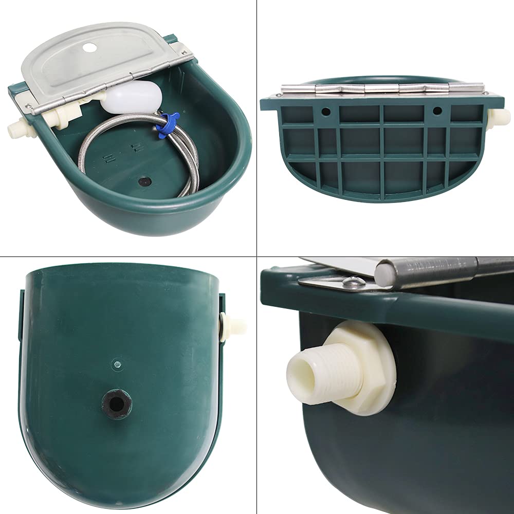 Automatic Water Bowl Plastic Livestock Stainless Steel Cover Waterer Dog Drinking Cattle Horse Drinker with Float Valve & Drain Plug & 1/2 Inch Pipe (Green)