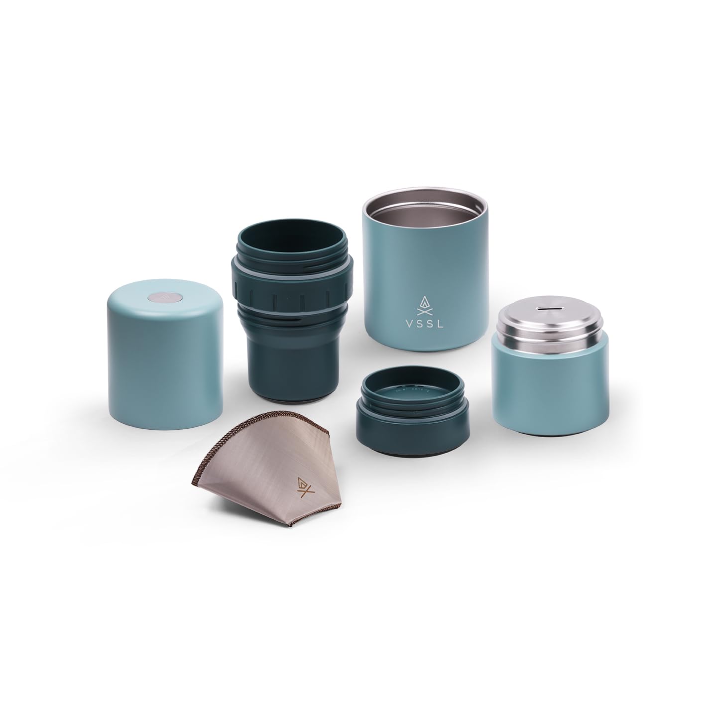 VSSL - Nest Pour Over Coffee Kit | Coffee Maker for Camping | All-In-One Travel Pour Over | Transportable Dripper, Two 10oz Stainless Steel Travel Mugs | Compact Storage & Adventure Ready | Everglade