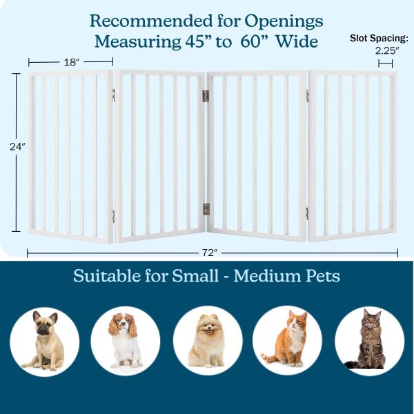 Wooden Pet Gate- Foldable 4-Panel Indoor Barrier Fence, Freestanding & Lightweight Design for Dogs, Puppies, Pets- 72 x24” (White Paint)