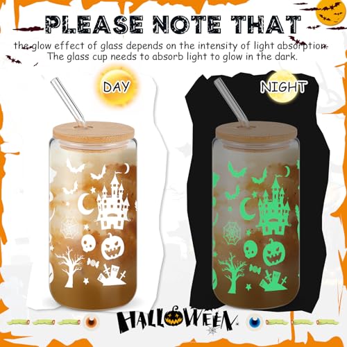 Acellegic 6 Packs Halloween Glow in The Dark Cups 16 oz Ghost Witch Glass Cups with Lids and Straws Iced Coffee Cup Spooky Gifts Boo Baskets Stuffers for Women Halloween Party Supplies (Witch)