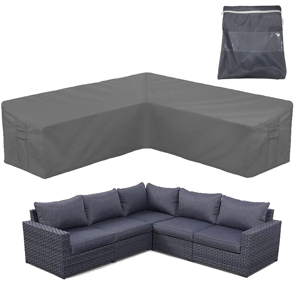 Patio Sectional Sofa Cover SUNSURE Waterproof Outdoor Furniture Cover 420D Heavy Duty V-Shaped Sectional Couch Cover Gray Lawn Garden Furniture Set Covers with Buckle Strap (V Shape 118x118in)