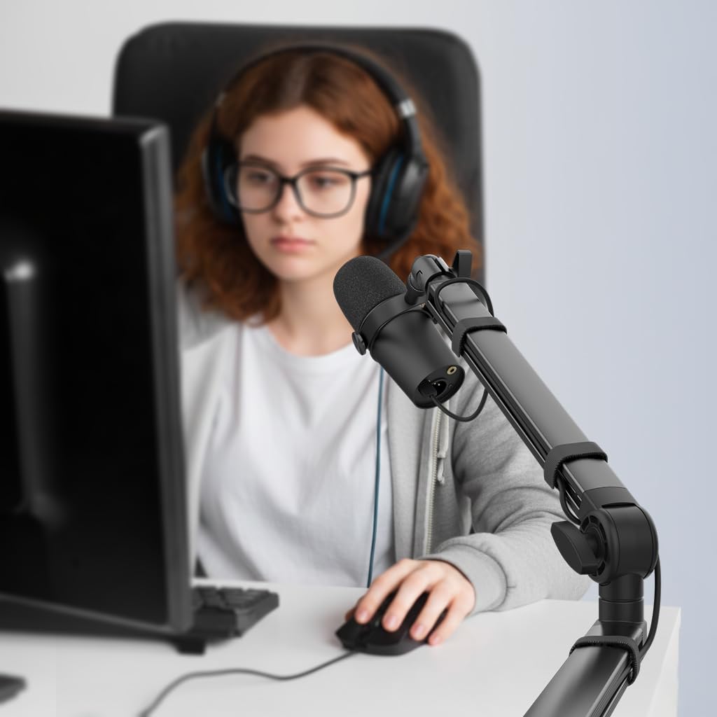 Low Profile Mic Arm, Microphone Boom Arm, Full Aluminum Adjustable Mic Stand with Desk Clamp, 360° Rotatable Heavy Duty Microphone Stand for Streaming, Podcasting, Recording