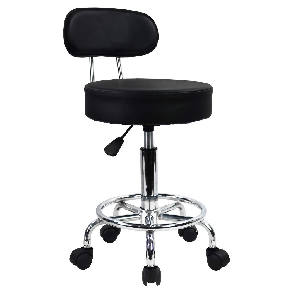 KKTONER PU Leather Round Rolling Stool Mid-Back with Footrest Height Adjustable Office Computer Home Drafting Swivel Task Chair with Wheels (Black)
