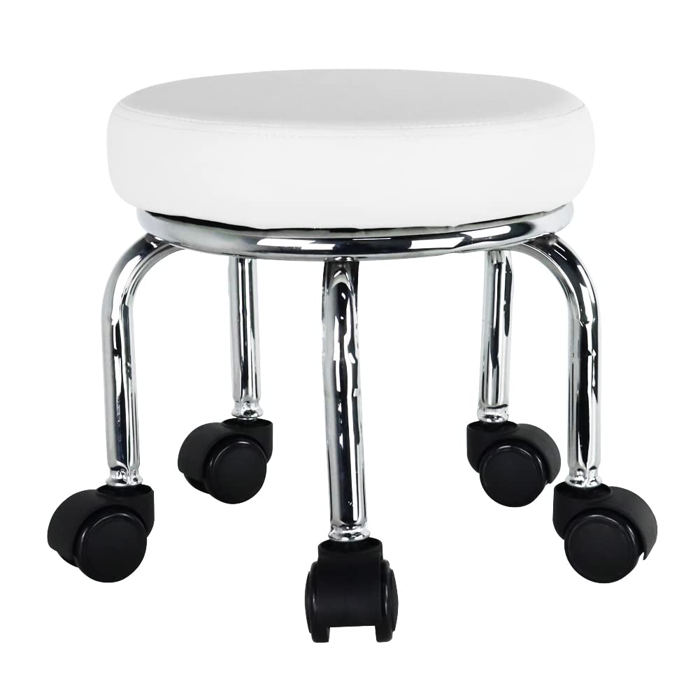 WKWKER Small Roller Stool PU Leather Wheeled Seat 360° Rotatable Low Round Stool with Universal Wheels for Home Massage Garden Office Garage Shop Fitness Sports Height 31.5 cm (White)