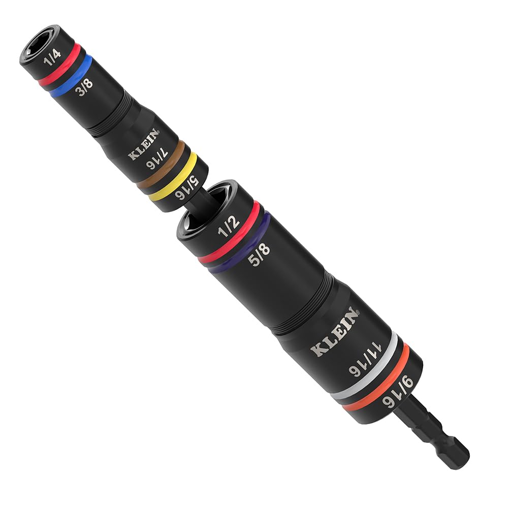 Klein Tools 652QS Quad Socket, 8 Sizes in 2 Sockets, 4-in-1 Color Coded SAE Impact Rated, Deep-Well Heavy-Duty, 1/4-Inch Drive, 6-1/2-Inch Shaft