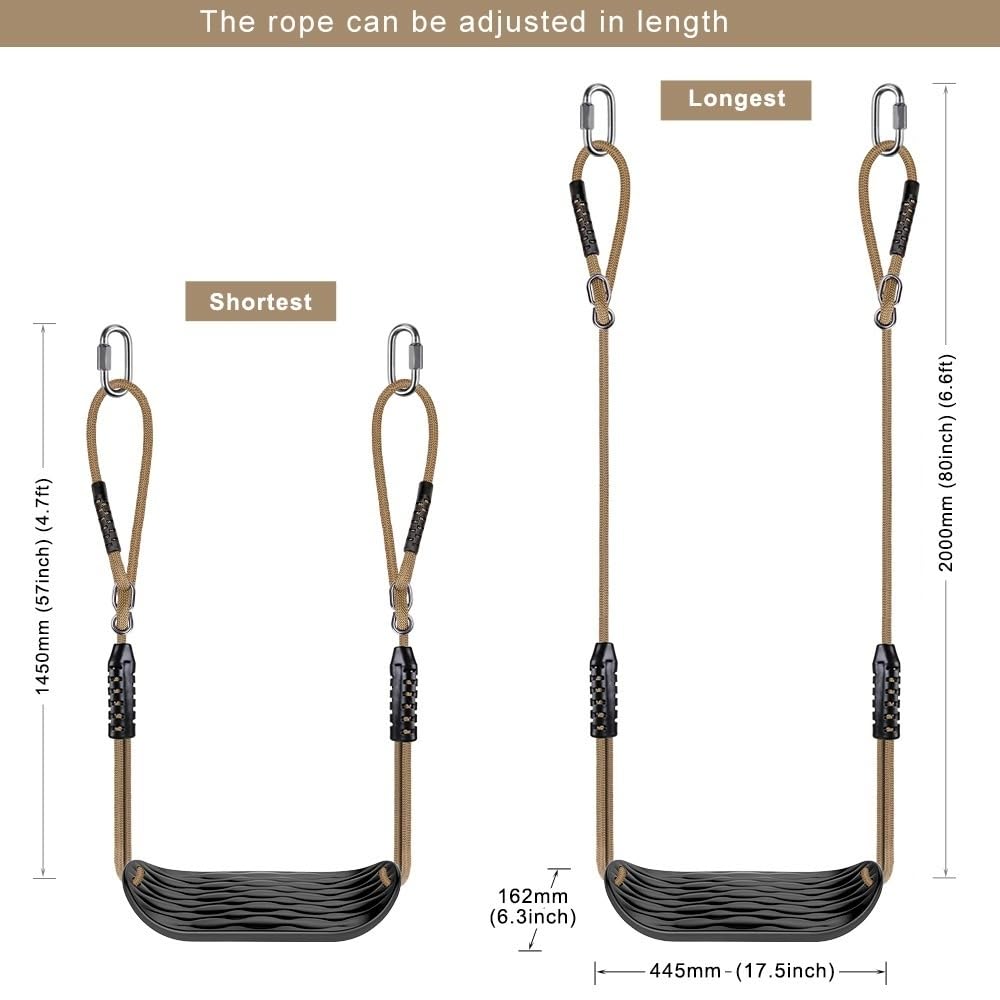 SELEWARE Non-Slip Plastic Swing Seat, Heavy Duty Tree Swing Set with Adjustable Rope & Carabiners for Kids & Adults, Outdoor/Indoor Playground Seat Replacement, Black, 2 Pack