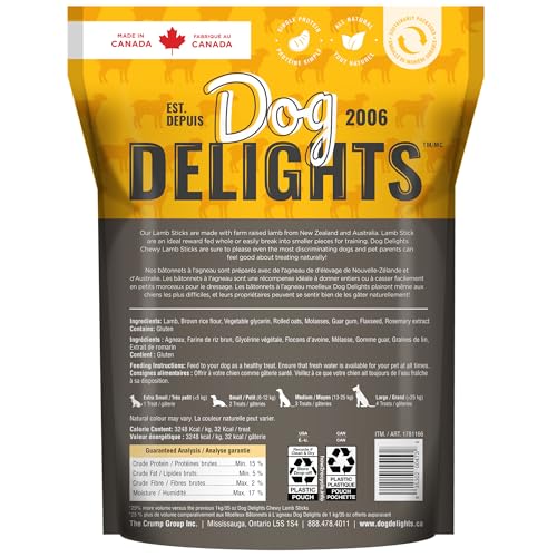 Chewy Lamb Stick Dog Treats Bundle. Includes (1) Package of Dog Delights Chewy Lamb Sticks Dog Treats (1.25kg) with BIG MAPLE Trivia Cards. All Life Stages. No Additives, Preservatives or Colours