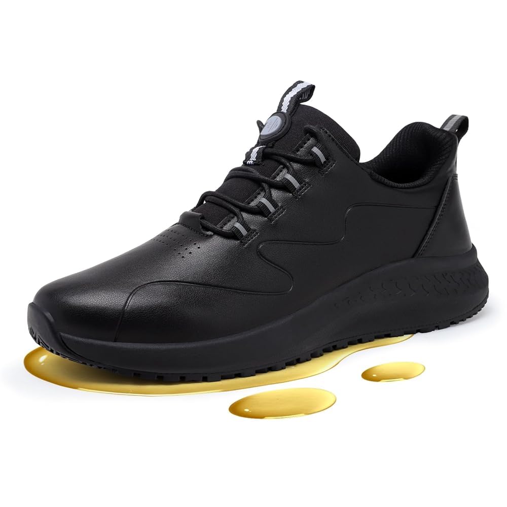 Delobi Non Slip Work Shoes for Men Slip on Waterproof Kitchen Chef Restaurant Walking Sneakers Comfortable Food Service Working Footwear Leather Nursing Shoe, Black, 9.5