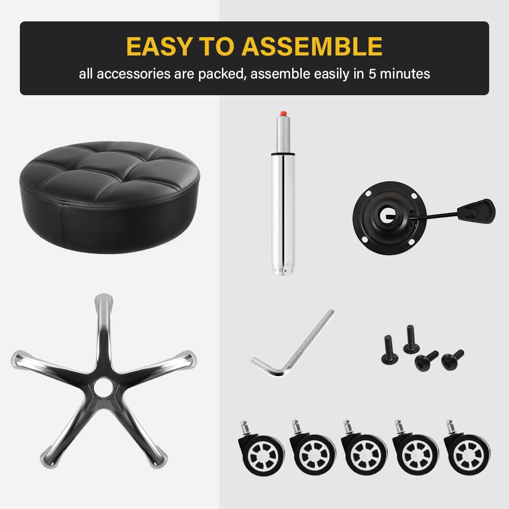 WKWKER Heavy Duty Rolling Stool with Wheels Hydraulic Lift 360 Swivel Adjustable Rolling Stool Thick Leather Ergonomic Seat Stool Chair for Kitchen Drafting Lab Office Salon Message Stool Black