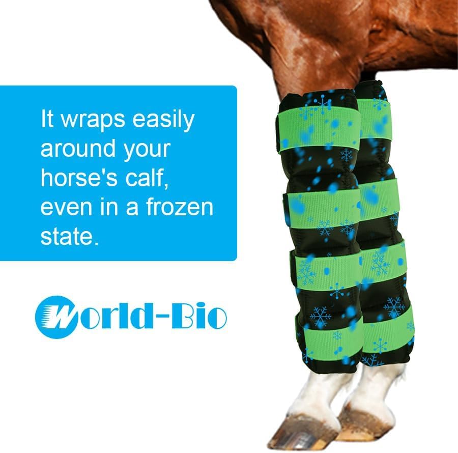 WORLD-BIO Horse Ice Boots Wraps Set of 2, Reusable Cooling Boot Wrap for Horse Injuries, Therapy Full Ice Boots for Horses with Straps, Hock, Knee and Hooves, 16.9'' x 16.2'' Green
