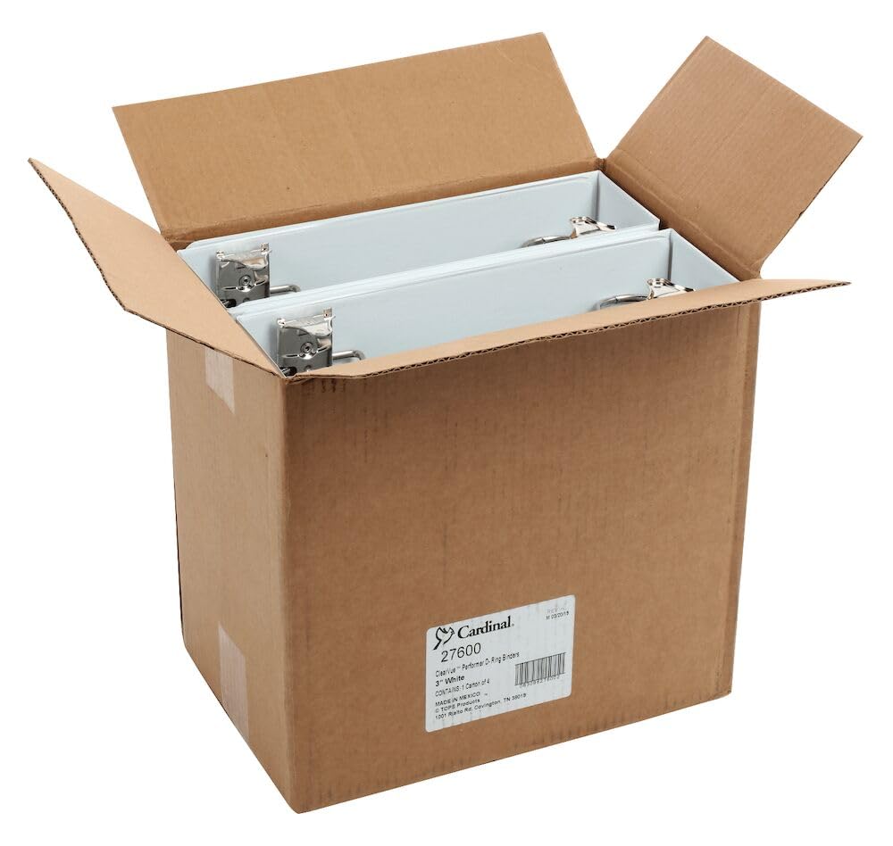 Cardinal Binders 3 Ring, 3 Inch Slant-D Ring, ClearVue Custom Cover, White, Holds 725 Sheets, PVC-Free Non-Stick, XtraLife Hinges, 4-Pack Performer Series for Office or School Organization