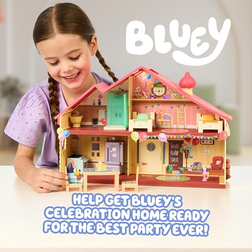 Bluey's Celebration Home, Help Celebrate Bluey's Birthday, with 11 Play Pieces of Removable Furniture and Accessories, Plus 1 Exclusive 6.3cm Bluey Figure