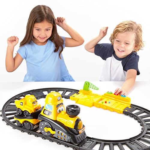 CAT Construction Toys, Power Track Friends Preschool Train Set, 8 Pieces of Easy-to-Assemble Track, Light & Sounds, Motorized Train & Car Carrier, Develops Fine Motor Skills