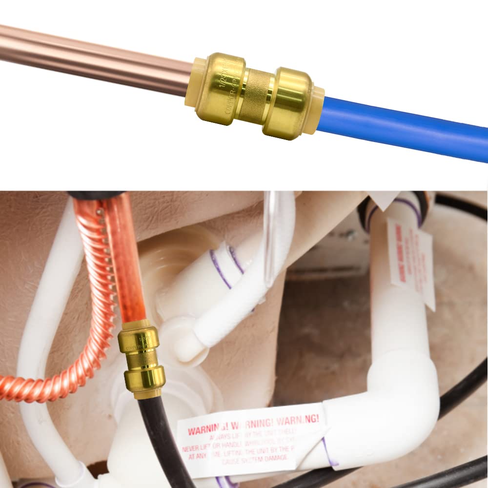 6 Pack 1/2" Push-to-Connect Plumbing Fittings, 1/2" Straight/Elbow/Tee Plumbing Fitting with 1/2" Disconnect Clip, Lead Free Brass Pushfit Fittings for Copper, PEX, CPVC Pipe