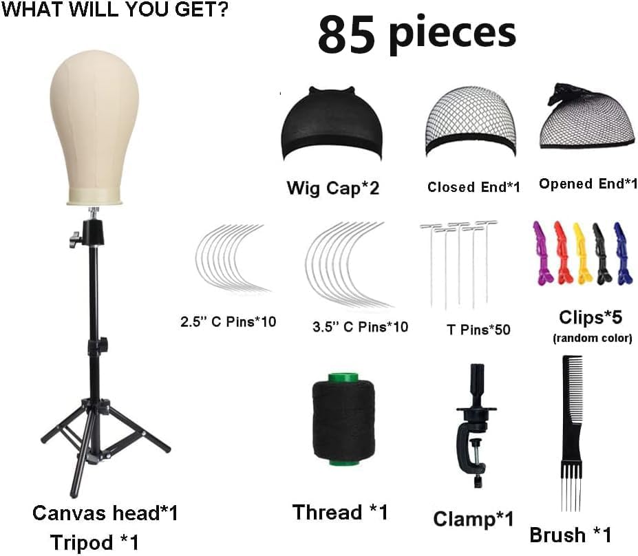 SZCY LLC 23 Inch Canvas Block Wig Head, Wig Stand Tripod with Head, Mannequin Head for Wigs, Manikin Canvas Head Block Set for Wigs Making Display with Wig Caps, T Pins C Pins Set Bristle Brush
