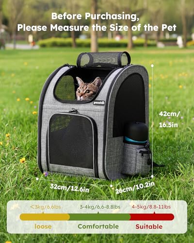 Pecute Cat Backpack with Breathable Mesh, Dog Backpack Carrier with Multi-Pockets for Cats Puppies, Pet Backpack Carrier for Travel Hiking Camping Outdoor (Gray)