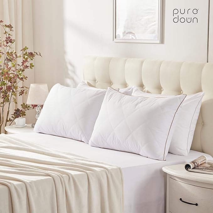 Puredown® Goose Feathers and Down Pillow with Diamond Quilting Breathable Downproof Cover, Pack of 2, King Size