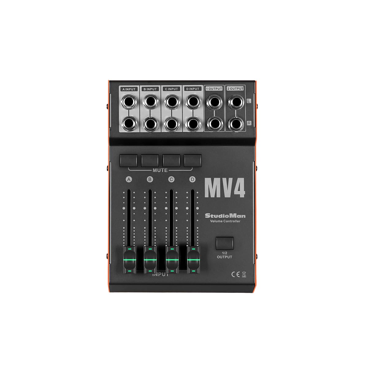 StudioMan MV4 Volume Controller - 4 Input 2 Output Studio Audio Controller with Mute Button, 1/4" Unbalanced Connectors for Powered Studio Monitors & Power Amplifiers