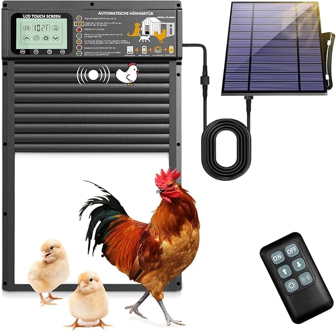 XRDZYXGS Large Automatic Chicken Coop Door Solar Powered, or USB Powered, Radar, Timer, Light Sensor Modes, Aluminum Alloy Weatherproof, LCD Display, Remote Control, 11.8" L x 18.9" H(Black)