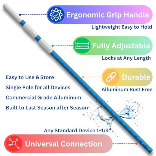 Greenerever 270 cm Swimming Pool Pole Telescopic Aluminum Rod for Skimmer Nets Vacuum Heads with Hoses Rakes Brushes | Adjustable Length | 1.3 mm Commercial Thick Pole | Ribbed Finish Blue