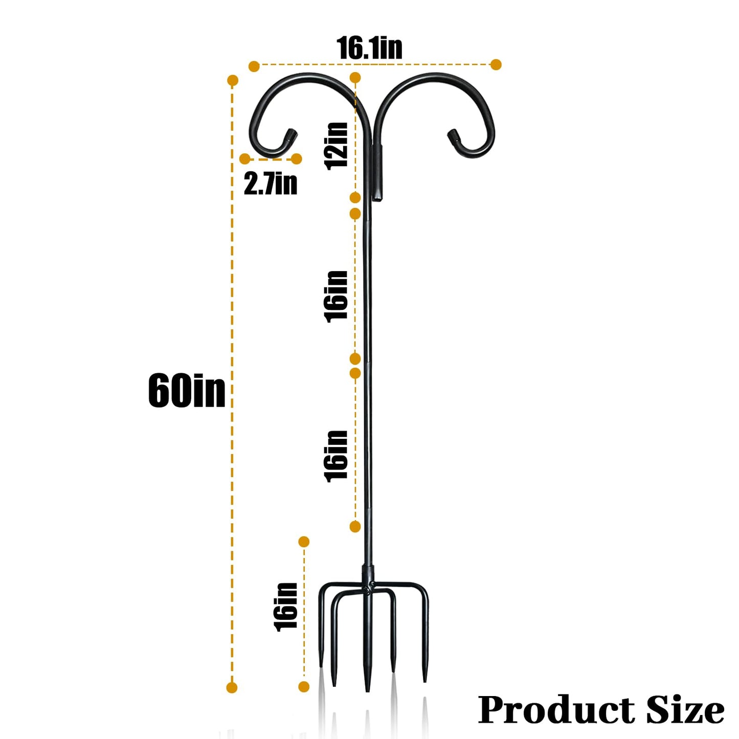 Heavy Double Shepherds Hook for Outdoor:60 Inches Garden Bird Feeder Pole with 5 Prongs, Adjustable Metal Bird Feeder Stand for Plant Solar Lights, poteau Pour Mangeoire Oiseaux (1, 60Inches)