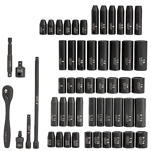 NEIKO 02437A 1/4 Drive Impact Socket Set 54 Piece Metric & Standard, Deep & Shallow Chrome Vanadium Steel 3/8” to 1/4” Reducer Hex Shank Adapter, Metric and Standard, Deep Socket Set