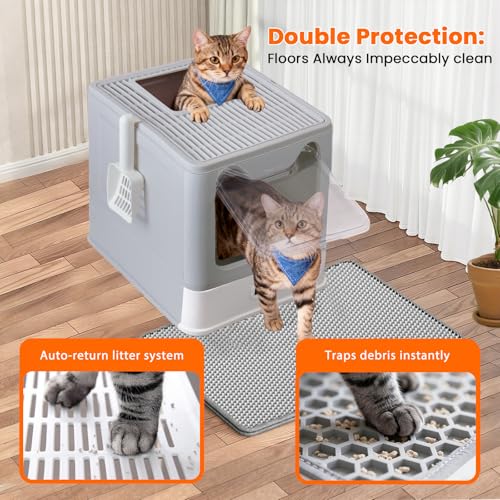 LEEJARD Cat Litter Tray, Stainless Steel Cat Litter Tray with Lid and Extendable Tray, Hop in Cat Litter Tray XXL with Cat Litter Tray Mat & Shovel for Cats up to 15 kg, Easier Cleaning, Leak-Proof