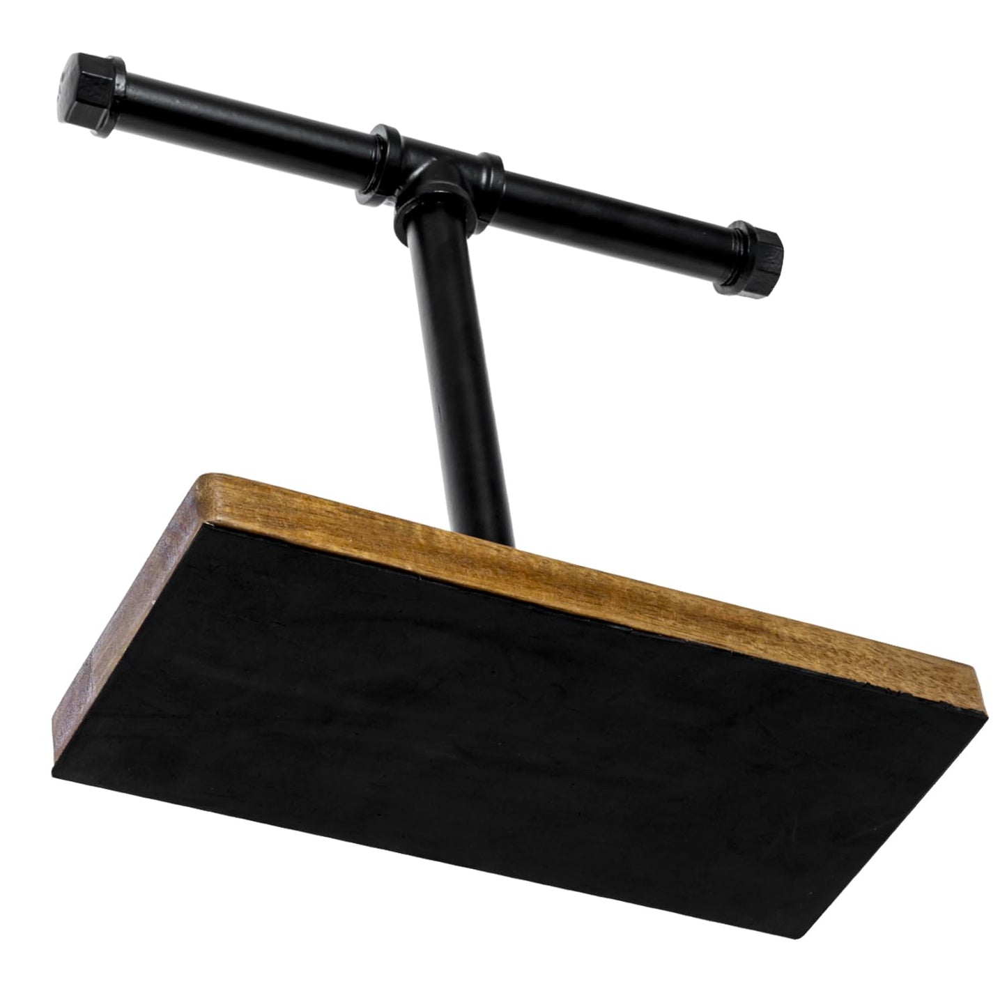 MyGift Premium Acacia Solid Wood and Industrial Black Metal Pipe T-Bar Over Ear Headphones Holder, Tabletop Dual Headphone Display Stand with Accessories Tray