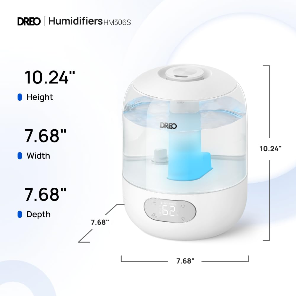 DREO Humidifiers for Bedroom, 3L Top Fill 30H & 26dB Quiet Cool Mist Air Humidifier, Easy to Fill & Clean Ultrasonic Humidifier for Plants, Baby, Nightlight, Humidity Sensor, 360ยฐ Nozzle, BPA free