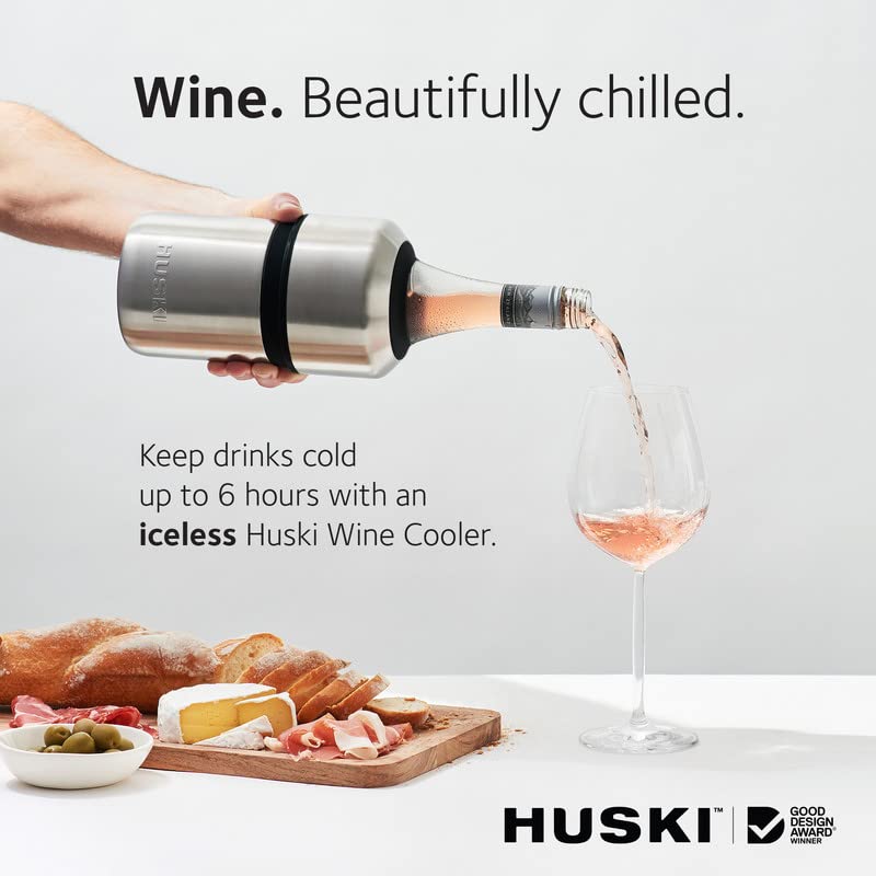 Huski Wine Chiller | Award Winning Iceless Design | Keeps Wine Cold up to 6 Hours | Fits Most 750ml Wine & Some Champagne Bottles | White Stainless Steel Cooler | 0.75L Capacity