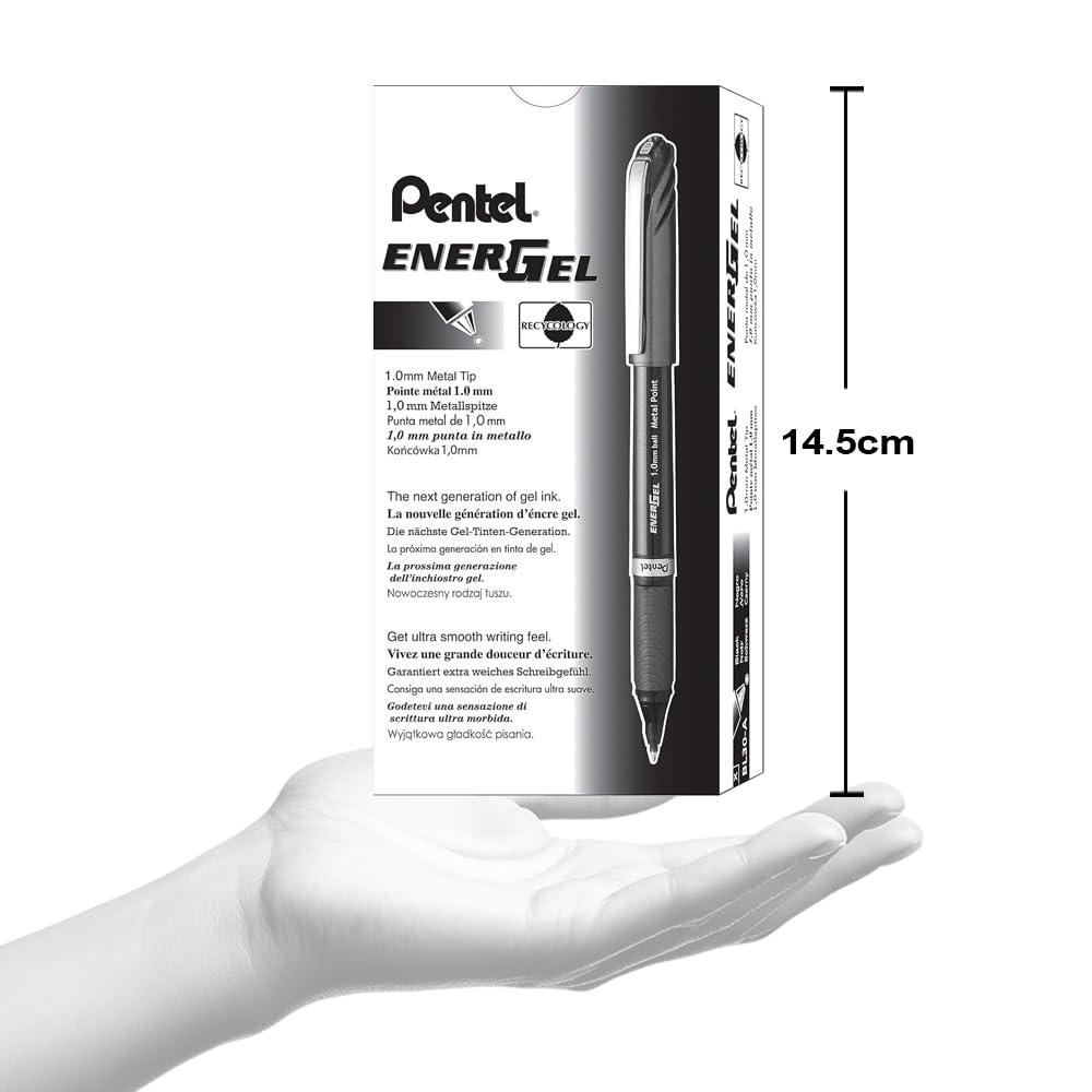 Pentel EnerGel NV Liquid Gel Pen, (1.0mm) Medium Line Capped, Metal Tip, Black Ink, Box of 12 (BL30-A)