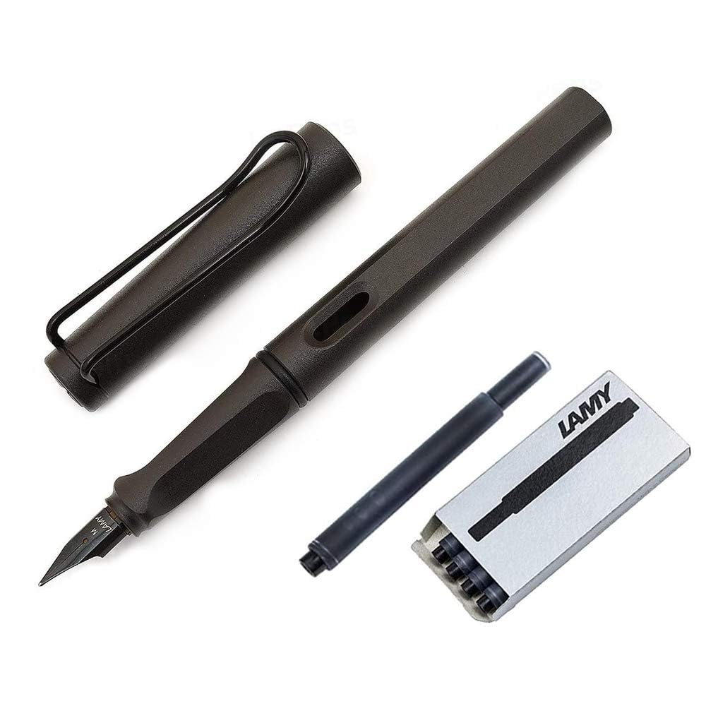 Lamy Safari Fountain Pen Set, Medium Nib + 5 Black Ink Cartridges (Matte Black)