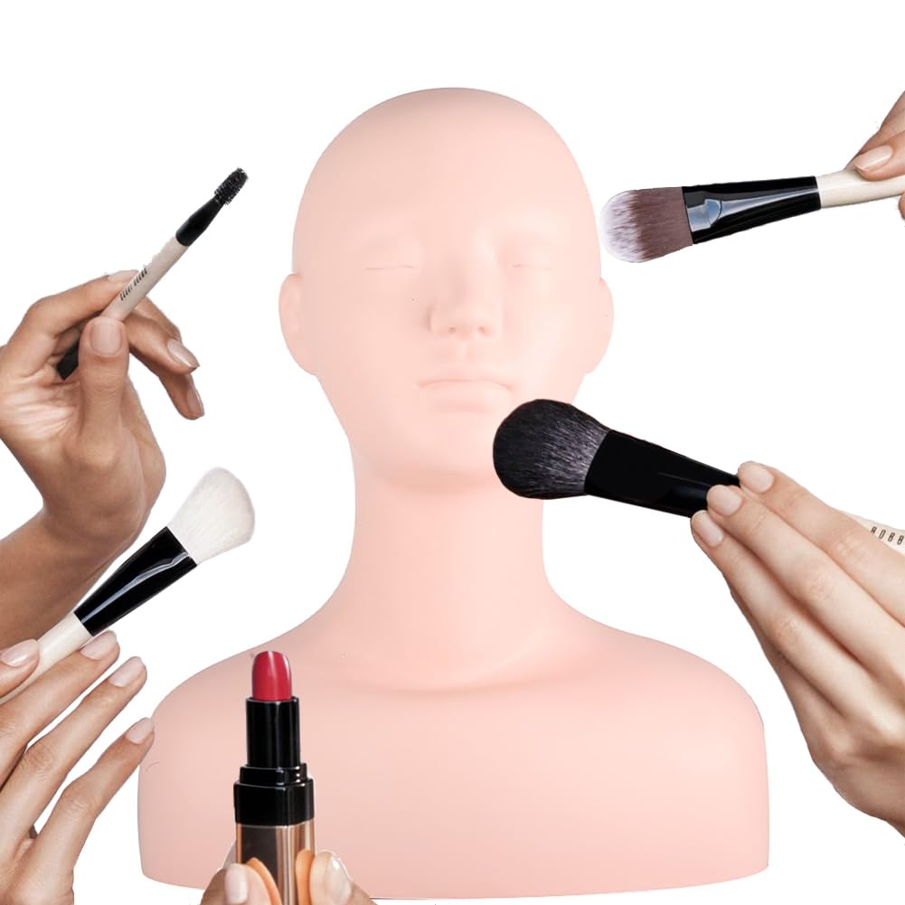 Lwuey Multi Function Makeup Practice Model, Esthetics Soft Mannequin Head with Shoulders Massage Wig Hat Display Silicone PVC Skin Texture Convenient Suitable for Salons Cosmetology School Students