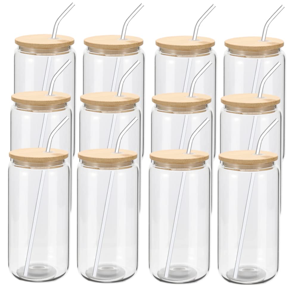 12 Pack Beer Glass Cups with Bamboo Lids and Glass Straws 16oz Beer Can Shaped Drinking Glasses Cups, Glass Tumbler Reusable Cute Cups for Whiskey, Iced Coffee, Tea, Soda, Cocktail, Gift, Clear