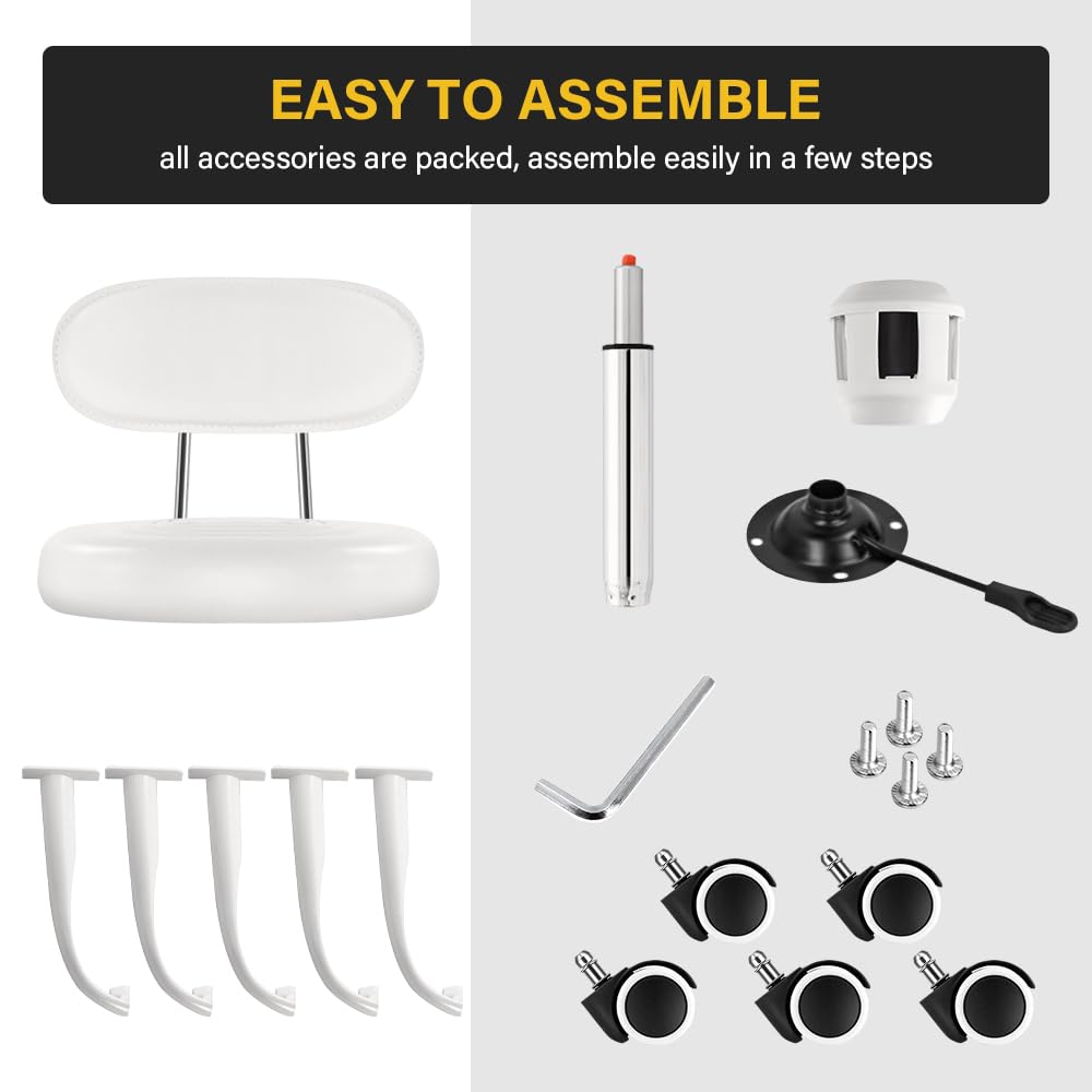 WKWKER Rolling Stool with Wheels Swivel Stool with Back Height Adjustable Chair Ideal for SPA Salon Home Office Drafting Work (White)