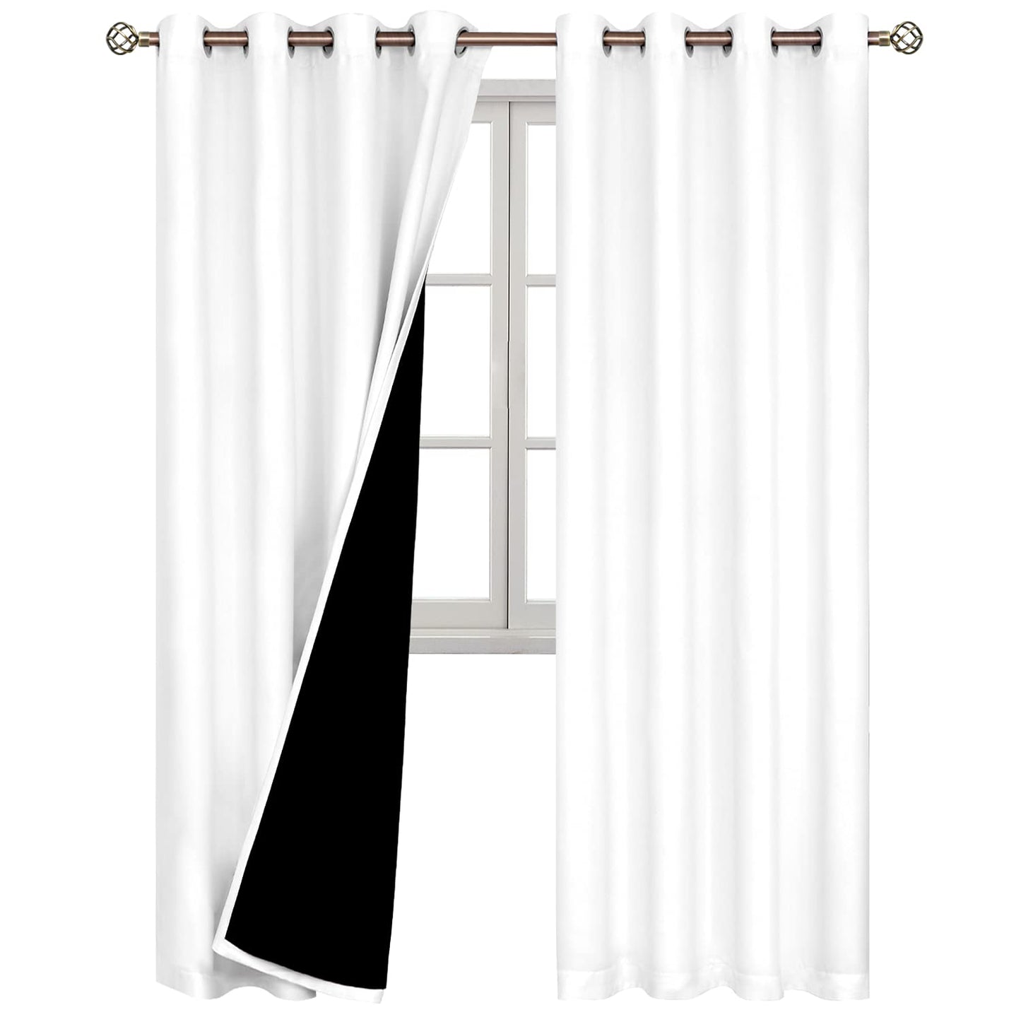 BGment Thermal Insulated 100% Blackout Curtains for Bedroom with Black Liner, Double Layer Full Room Darkening Noise Reducing Grommet Curtain, 2 Panels of 52 x 84 Inch, Pure White